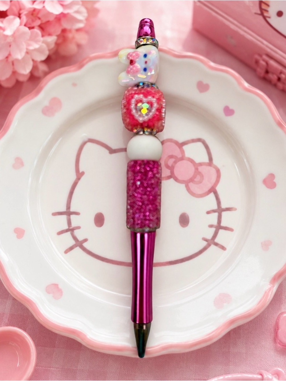 Handmade Cute Pink Cat Beaded Ballpoint Pen -